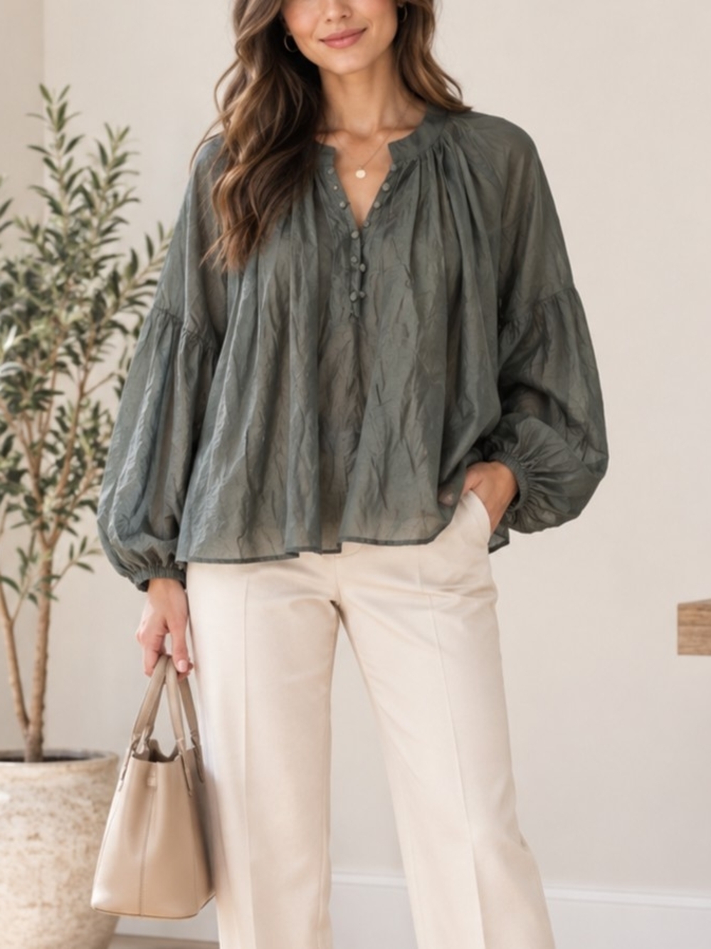 Mustard Seed Olive Green Balloon-Sleeve Peasant Blouse